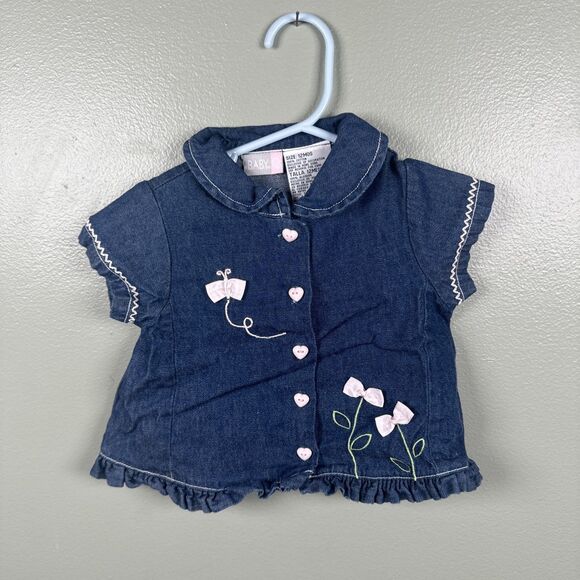 BABY Q Denim Shirt Heart Buttons Ribbon Flowers‎ Size 12 MOS - Picture 1 of 8